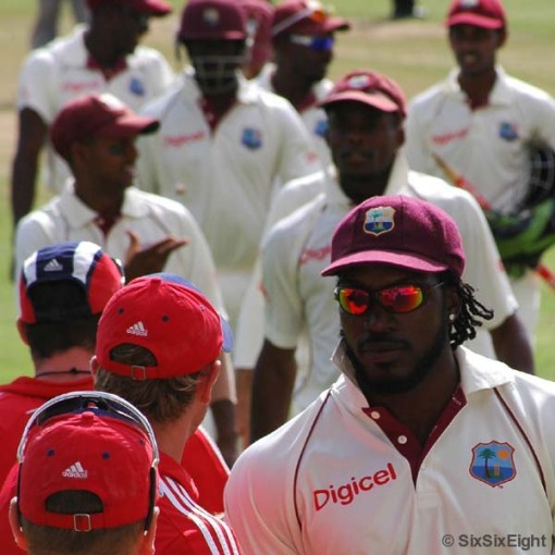 Chris Gayle leads the West Indies off after their stunning victory Sabina Park, Kingston, Jamaica 1st Test West Indies v England February2009